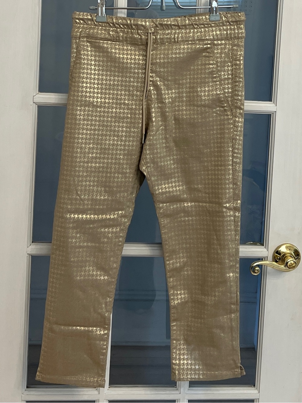 FLOG Women's Gold Metallic Houndstooth Drawstring Cropped Pants Size 29